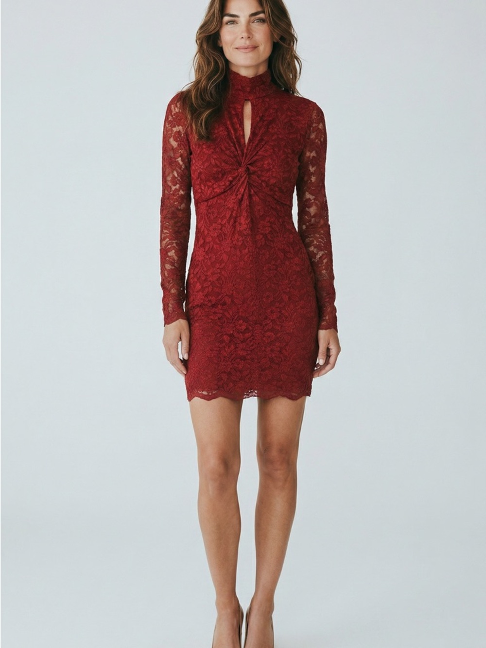 Moda International Red Lace Dress Mock Neck Twist Front Mini